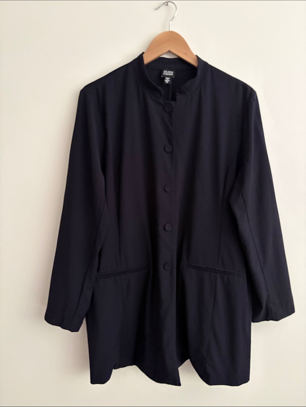 Eileen Fisher Wool Blend Mandarin Collar Jacket Blazer Navy Button Front Size XL